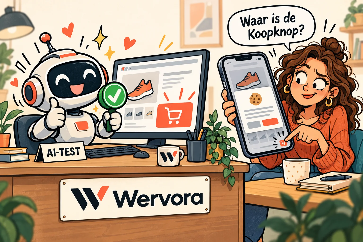 Cartoon met Wervora-logo: een robot keurt een webshop goed, terwijl een klant op haar telefoon de koopknop zoekt.