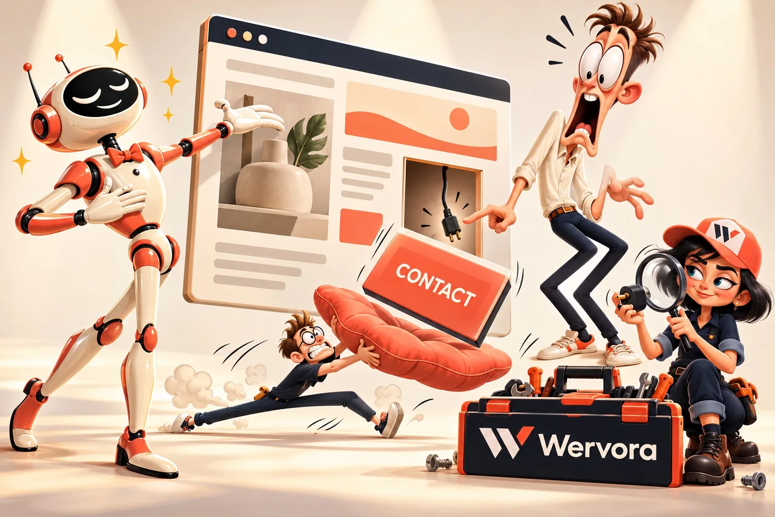 Slapstickcartoon waarin een trotse AI-robot een website presenteert waarvan de contactknop losvalt, terwijl Wervora-bouwertjes te hulp schieten.