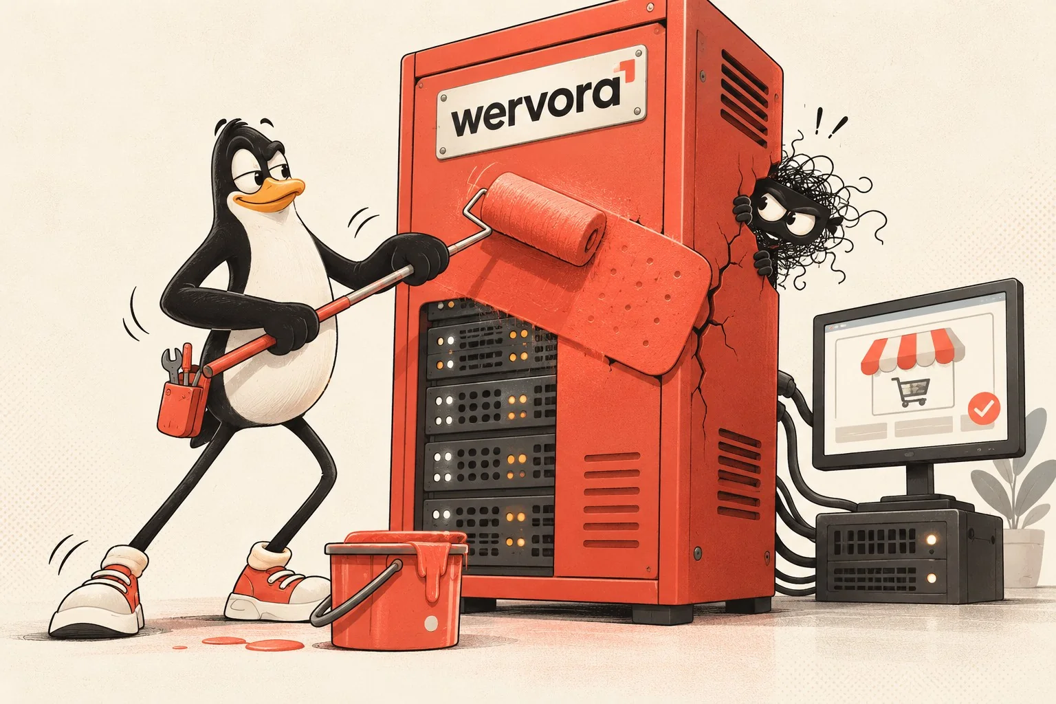 Cartoon van een Linux-pinguïn die een lek in een koraalrode serverkast repareert, met Wervora op de kast en een boefje achter de scheur.