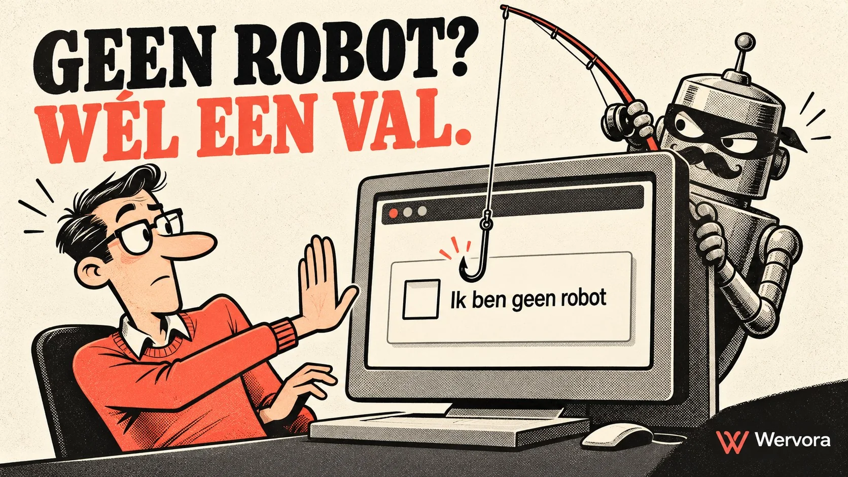Retrocartoon van een oplettende computergebruiker die een nep-captcha doorziet, terwijl een vermomde robot met een vishaak achter het scherm staat.