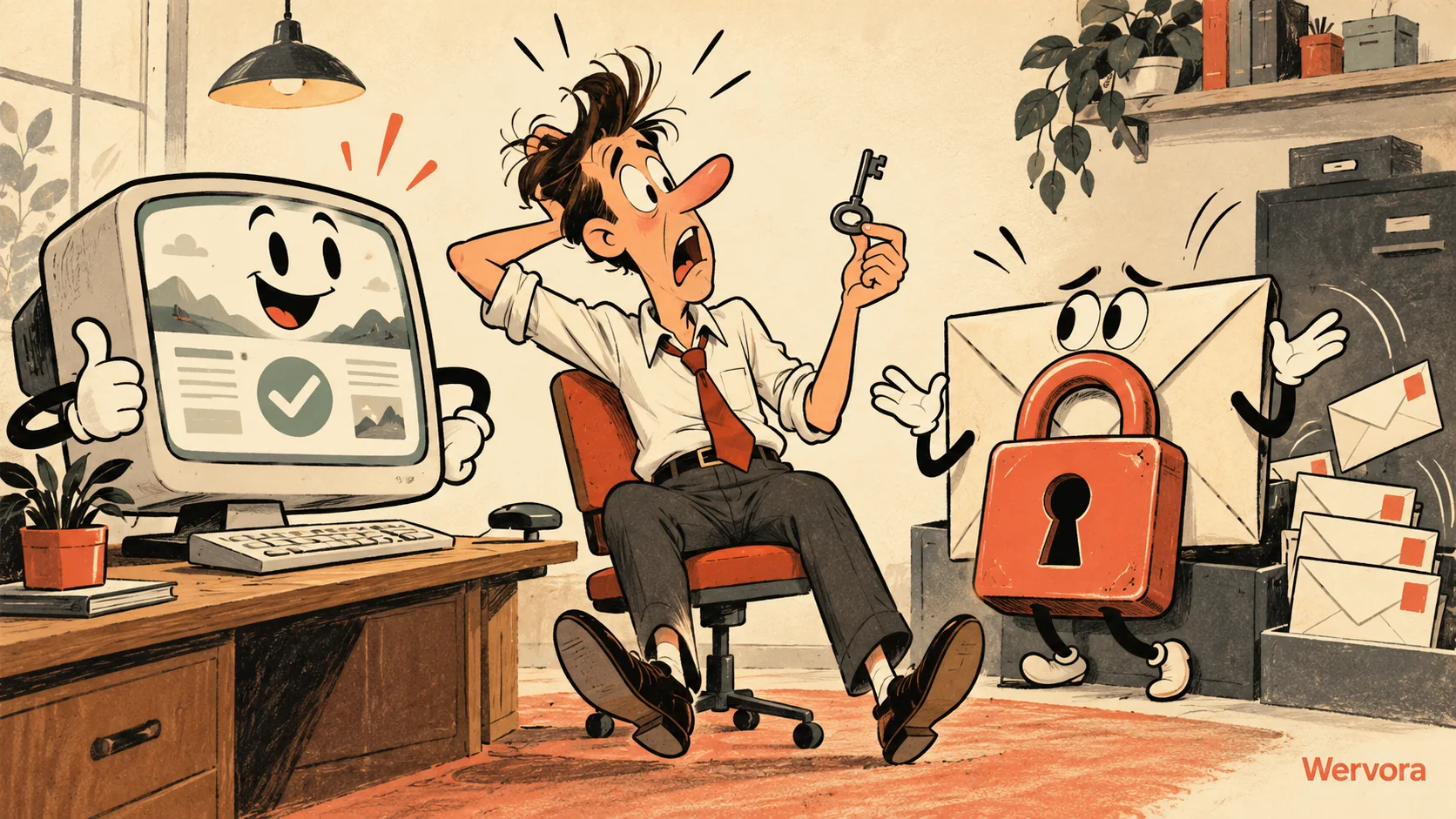 Retrocartoon van een verbaasde ondernemer tussen een werkende website en een vergrendelde mailbox, in Wervora-kleuren met originele personages.