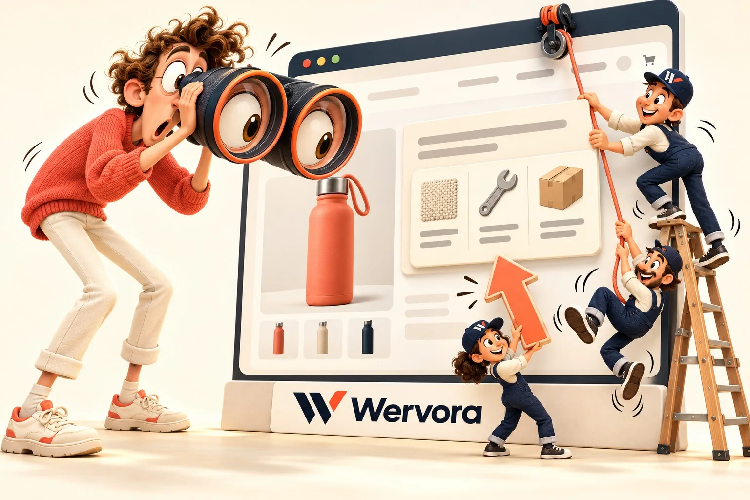 Grappige cartoon met Wervora-logo: een klant zoekt met een enorme verrekijker terwijl kleine bouwertjes productinformatie zichtbaar maken.