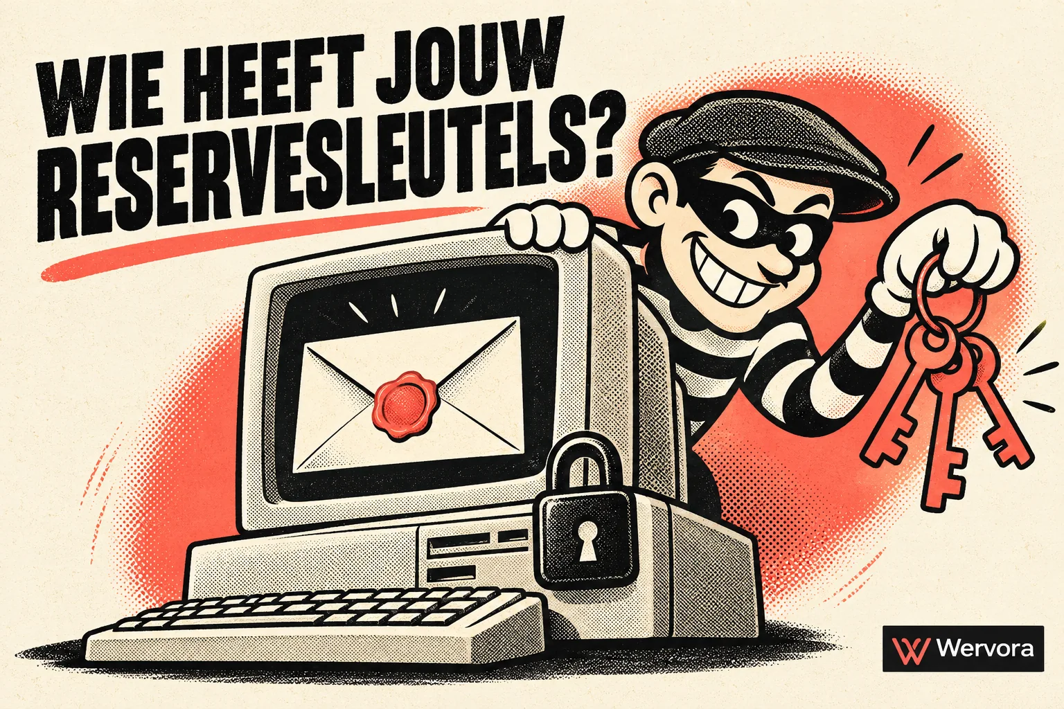 Retrocartoon van een boef met reservesleutels achter een vergrendelde computer, in Wervora-kleuren met subtiel logo.