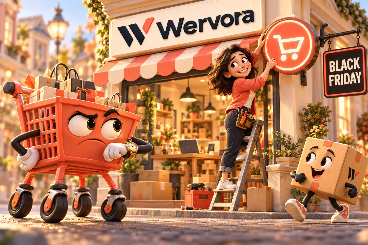Grappige 3D-cartoon met Wervora-logo: een ongeduldige winkelwagen wacht terwijl een ondernemer haar winkel klaarmaakt voor Black Friday.