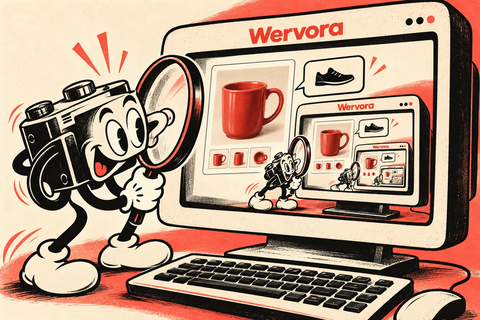Retrocartoon met een camera die een productfoto controleert op een Wervora-scherm dat zichzelf herhaalt, in koraalrood, crème en zwart.