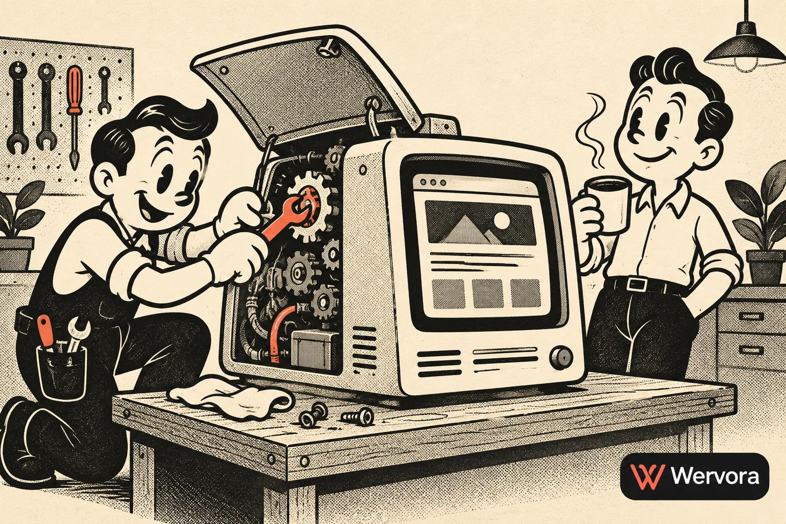 Retrocartoon van een monteur die de techniek achter een website onderhoudt, terwijl een ondernemer ontspannen koffie drinkt. Met subtiel Wervora-logo.