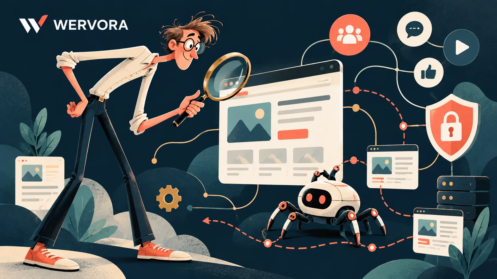 Cartoonfiguur van Wervora onderzoekt hoe webcrawlers een zakelijke website en gekoppelde online diensten bezoeken