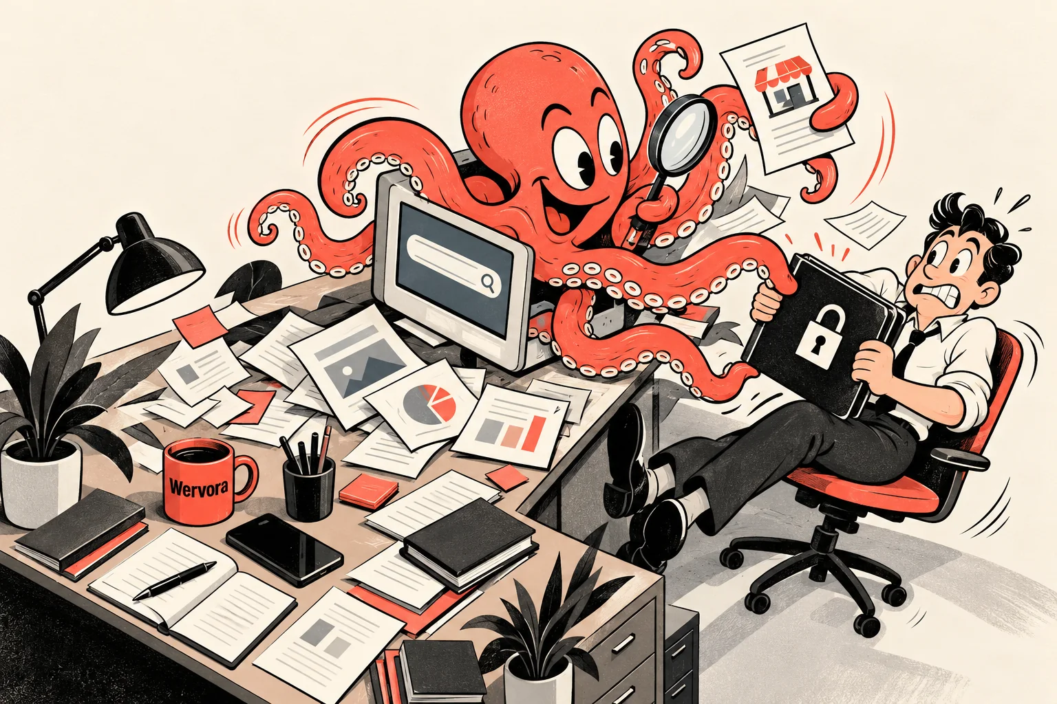 Retrocartoon van een nieuwsgierige zoekmachine-octopus en een ondernemer die zijn privégegevens beschermt, met Wervora op de koffiemok.