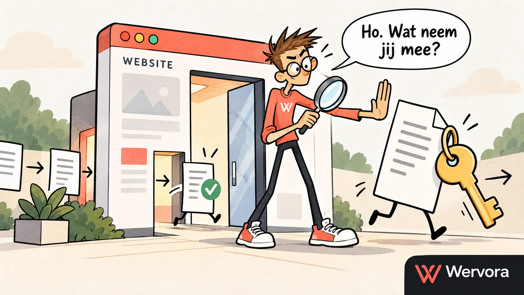 Cartoon van een Wervora-portier die een uitgaand websitedocument met een grote sleutel tegenhoudt en controleert.